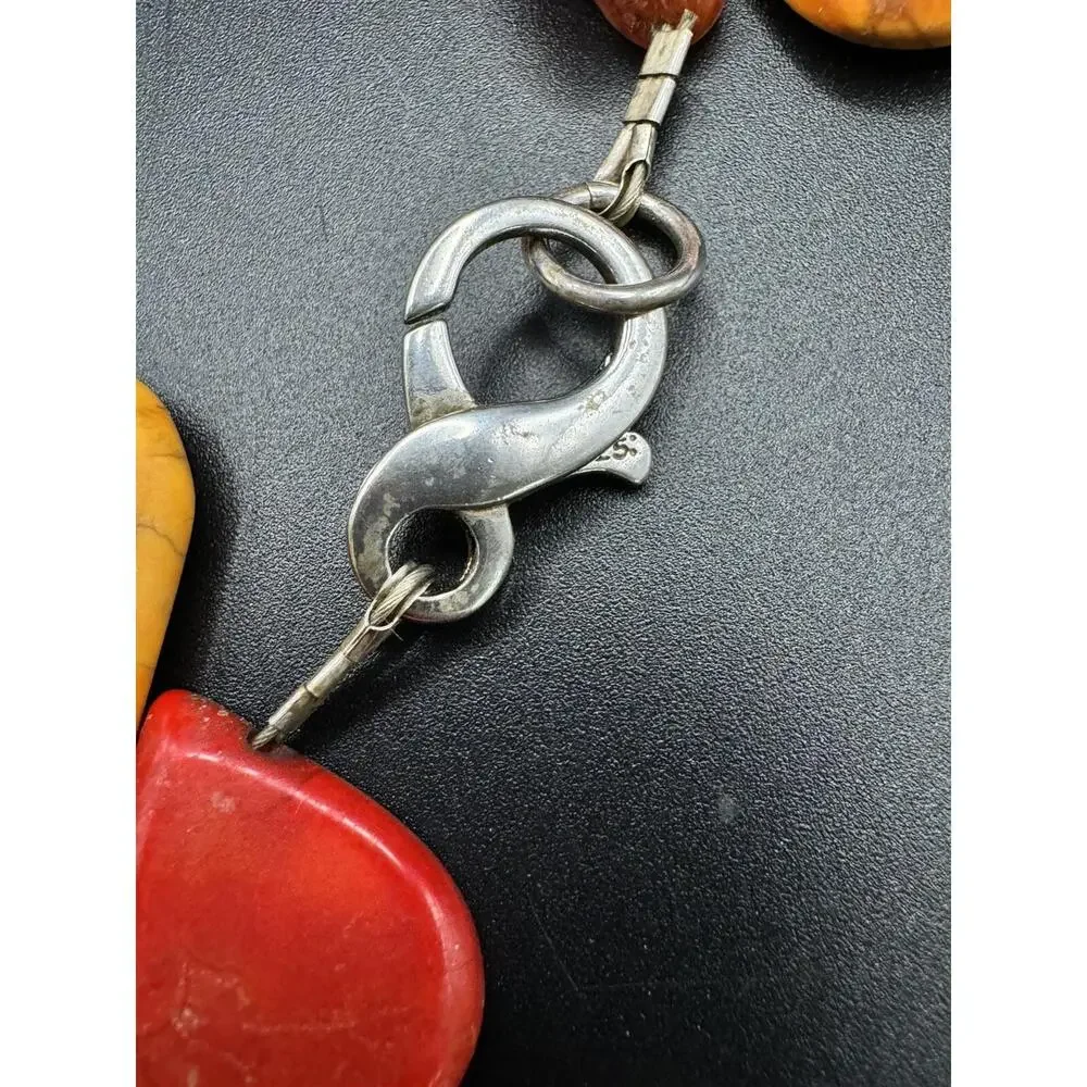 Artisan Statement Necklace Orange Red Dyed Teardrop & Natural Agate Silver Clasp